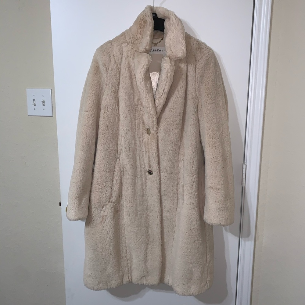 NEW Calvin Klein Faux Fur Long Beige Teddy Coat